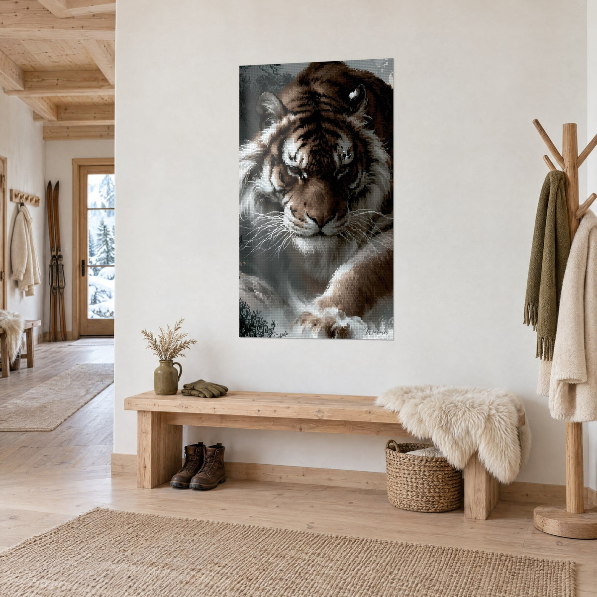 Wall art of a large wild cat in brown and white pixels, silver whiskers, wooden bench and sheepskin, chalet