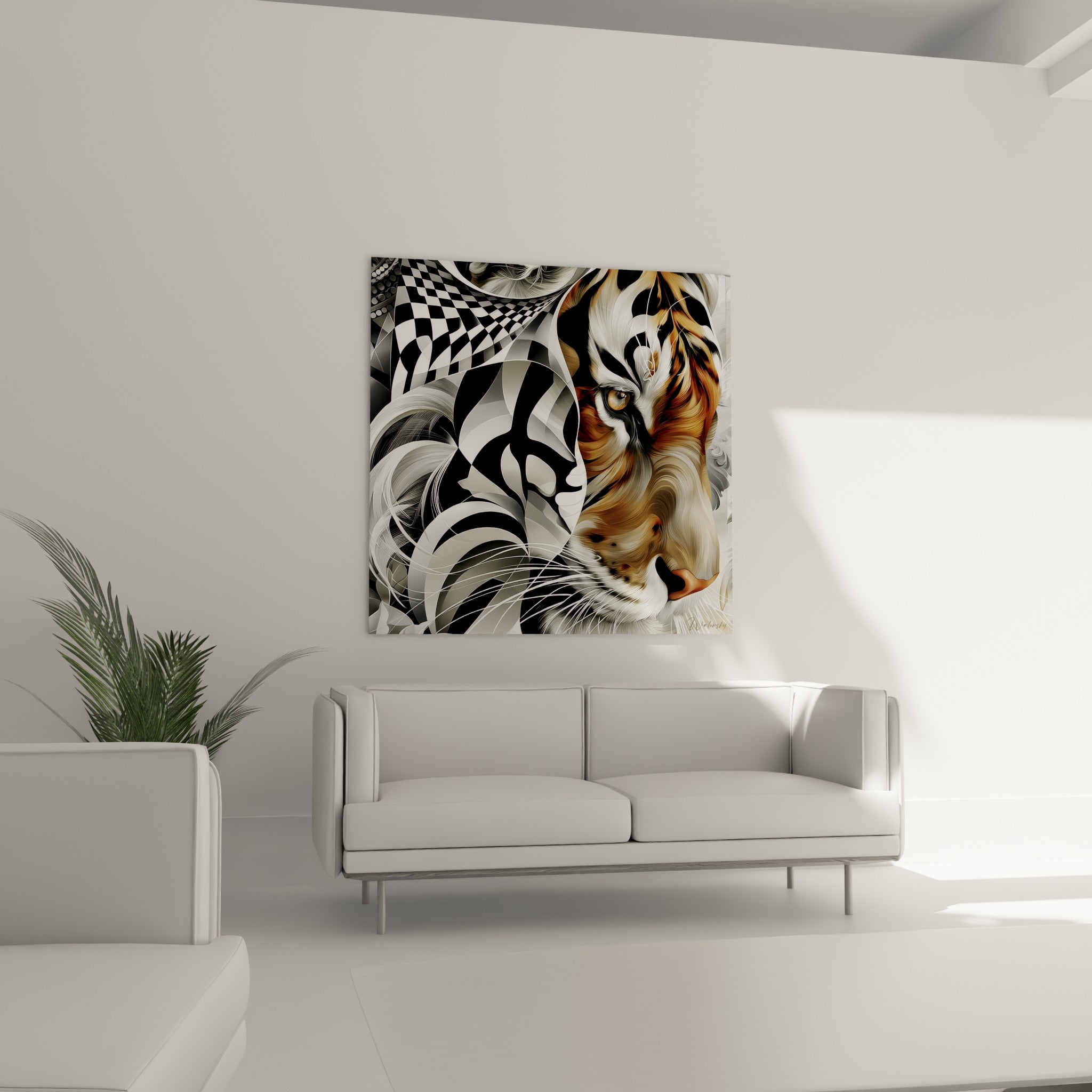 Museau du tigre orangé émergeant de motifs anthracite au-dessus d'un canapé dans un salon lumineux