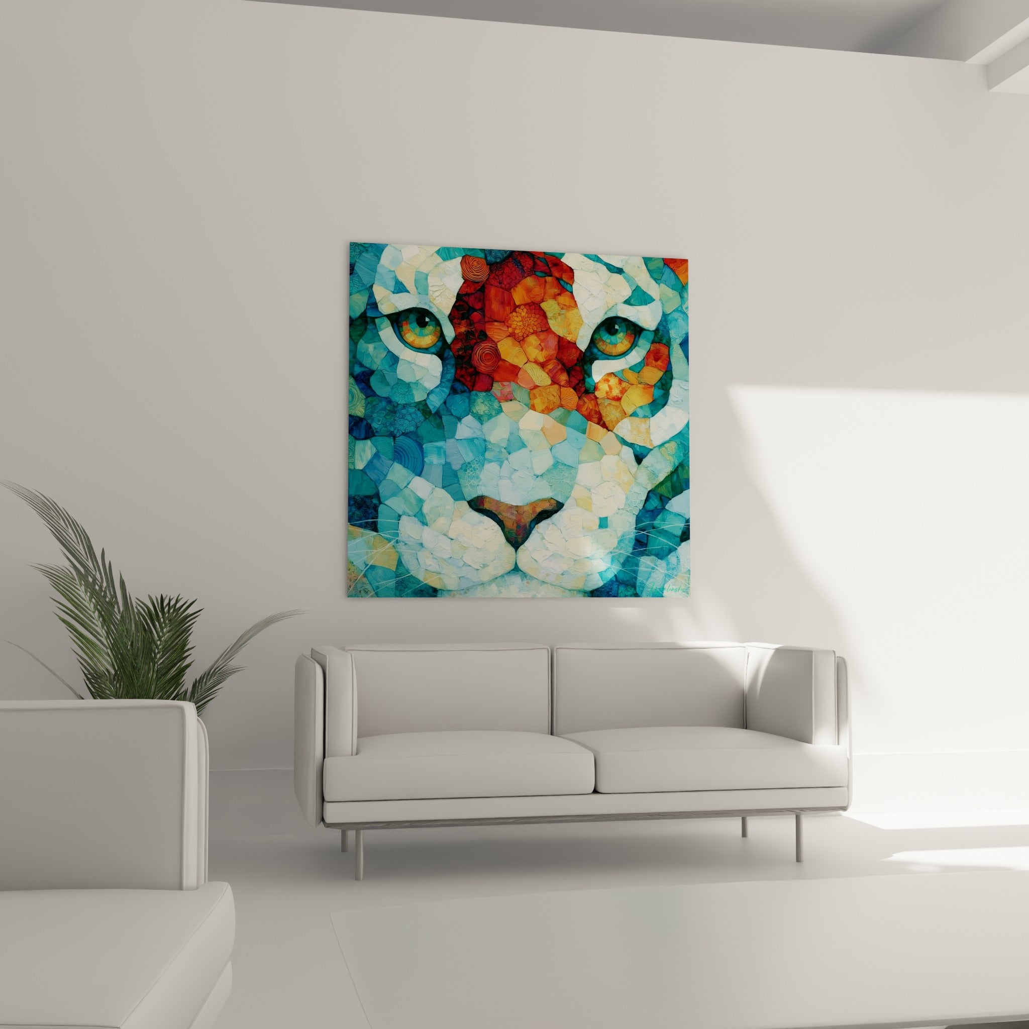 Museau de tigre mosaïque turquoise et rouge, présenté au-dessus d'un canapé dans un salon lumineux
