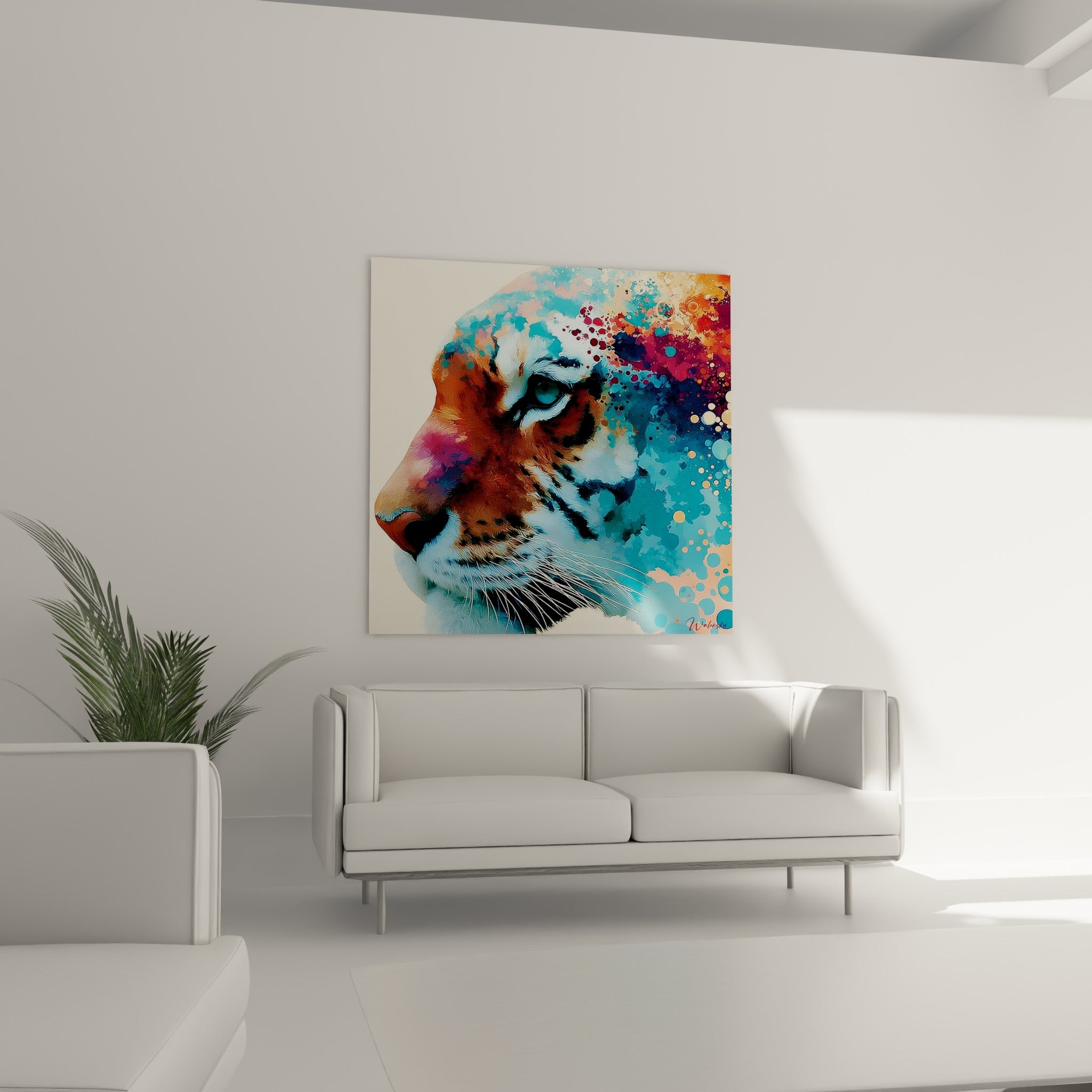Tigre fauve et bleu pastel, museau détaillé aux rayures noires, accroché au-dessus d'un canapé dans un salon lumineux