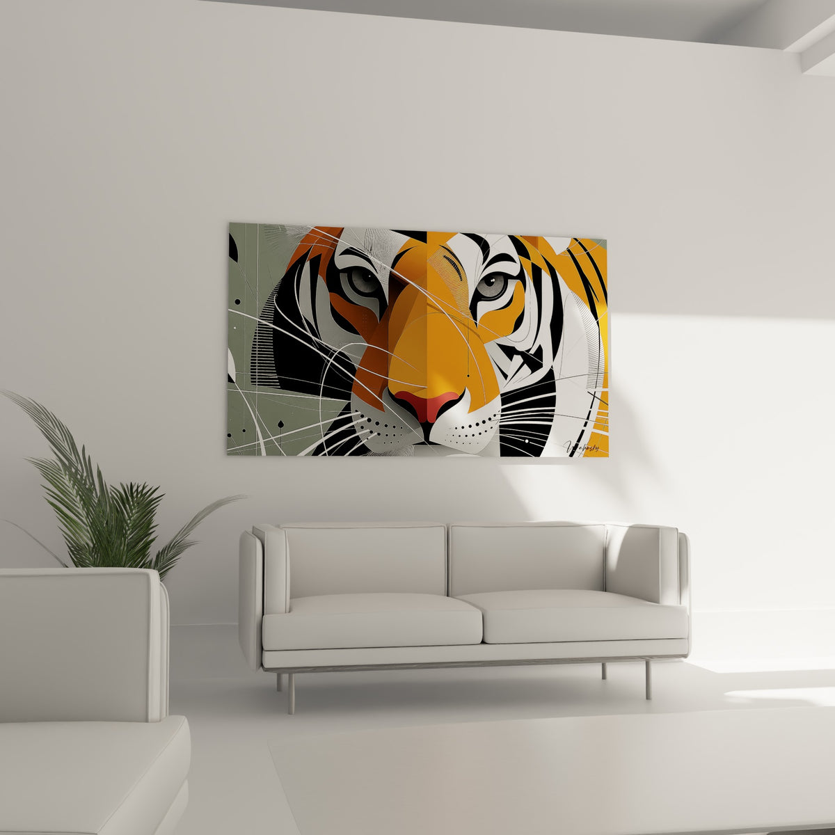Museau rosé et rayures noires du tigre orange et anthracite, œuvre suspendue au-dessus d'un canapé dans un salon lumineux