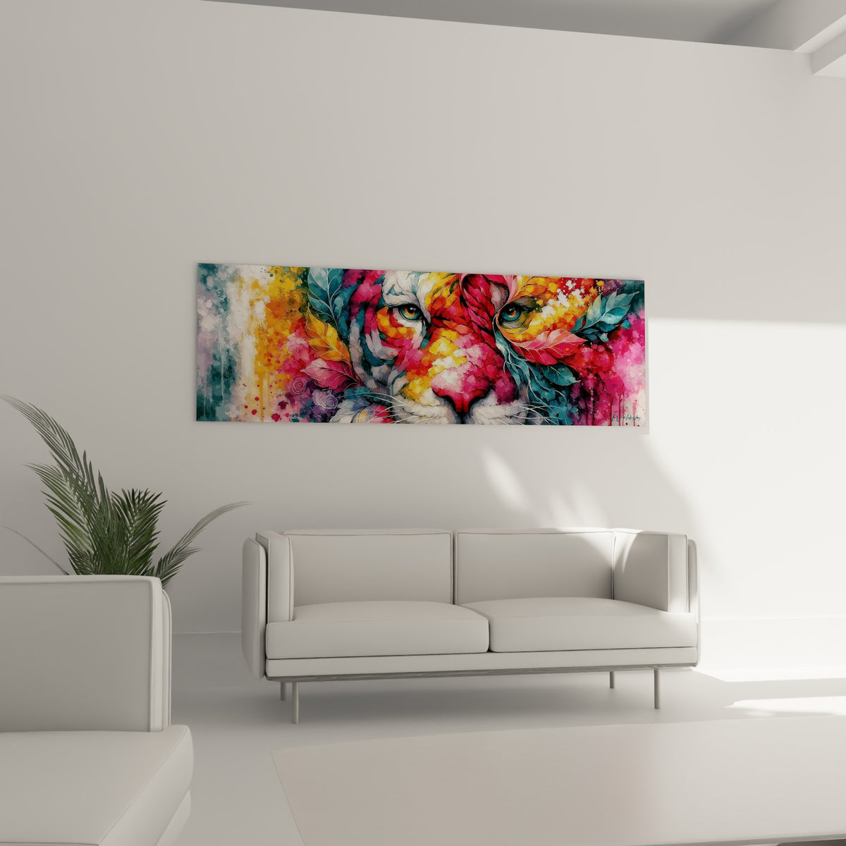Museau rose et doré du tigre, yeux émeraude perçants, au-dessus d'un canapé dans un salon lumineux