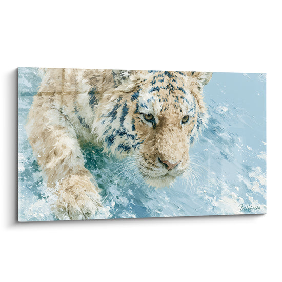 Tigre au regard ambré traversant une eau bleu pastel et blanche, touches picturales épaisses.