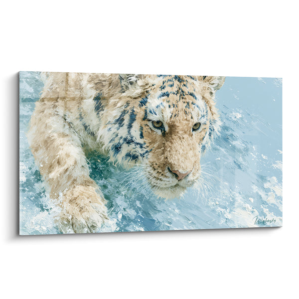 Tableau Tigre blanc et bleu pâle traversant l'eau - Pattes immergées dans l'écume - Edition Tigre