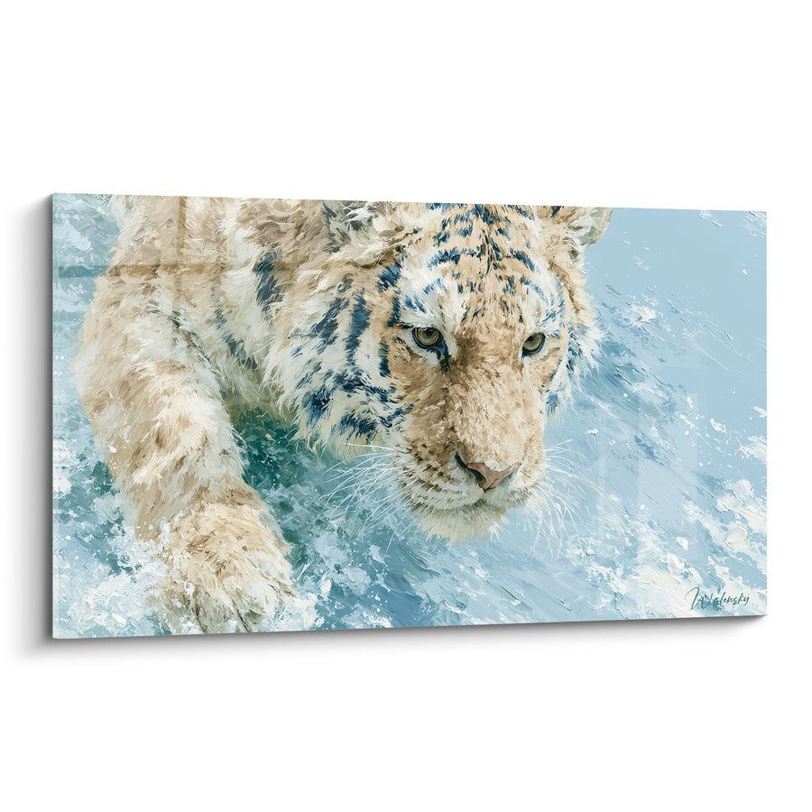 Tableau Tigre blanc et bleu pâle traversant l'eau - Pattes immergées dans l'écume - Edition Tigre