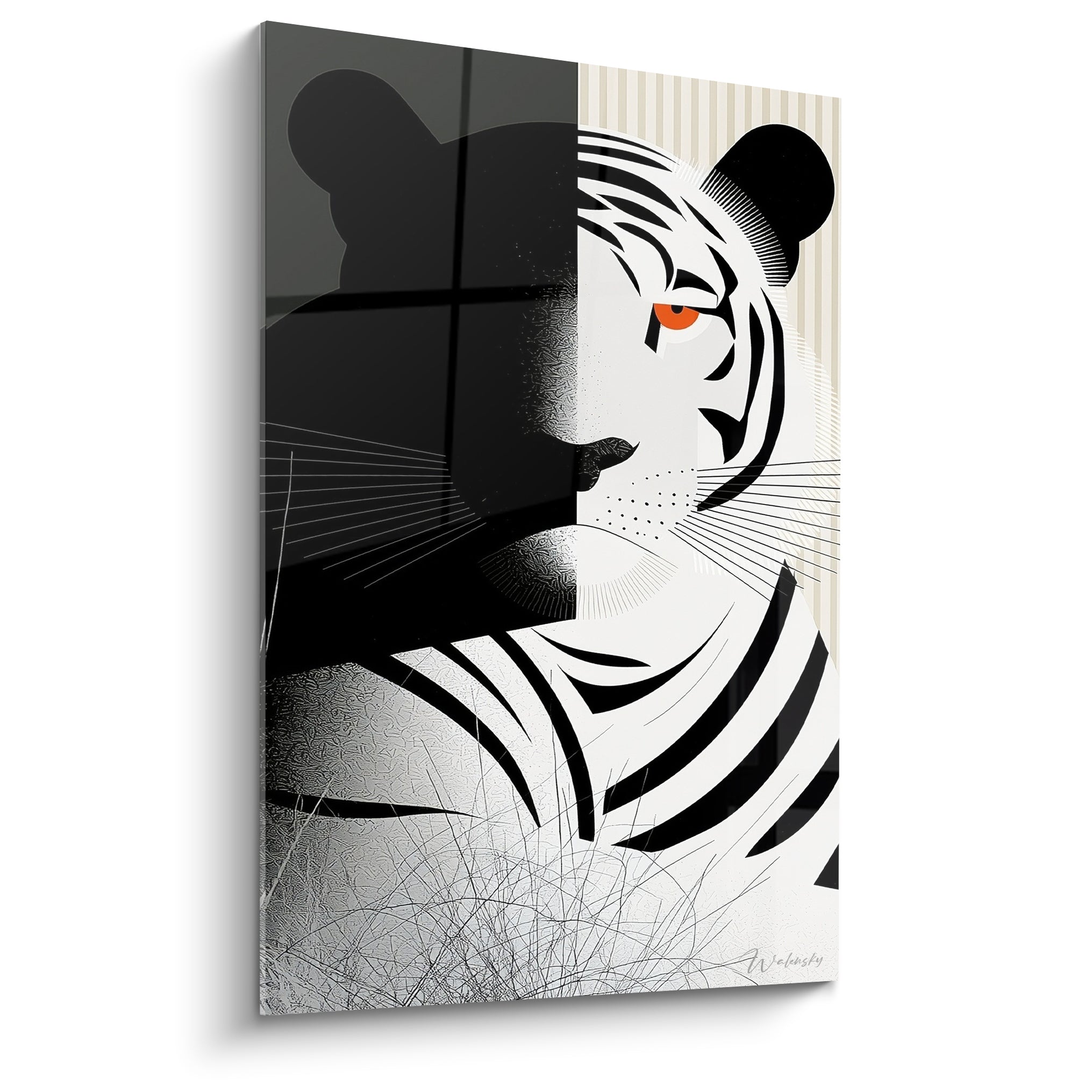 Tigre au pelage noir et blanc, œil orange perçant, style graphique épuré et contrasté