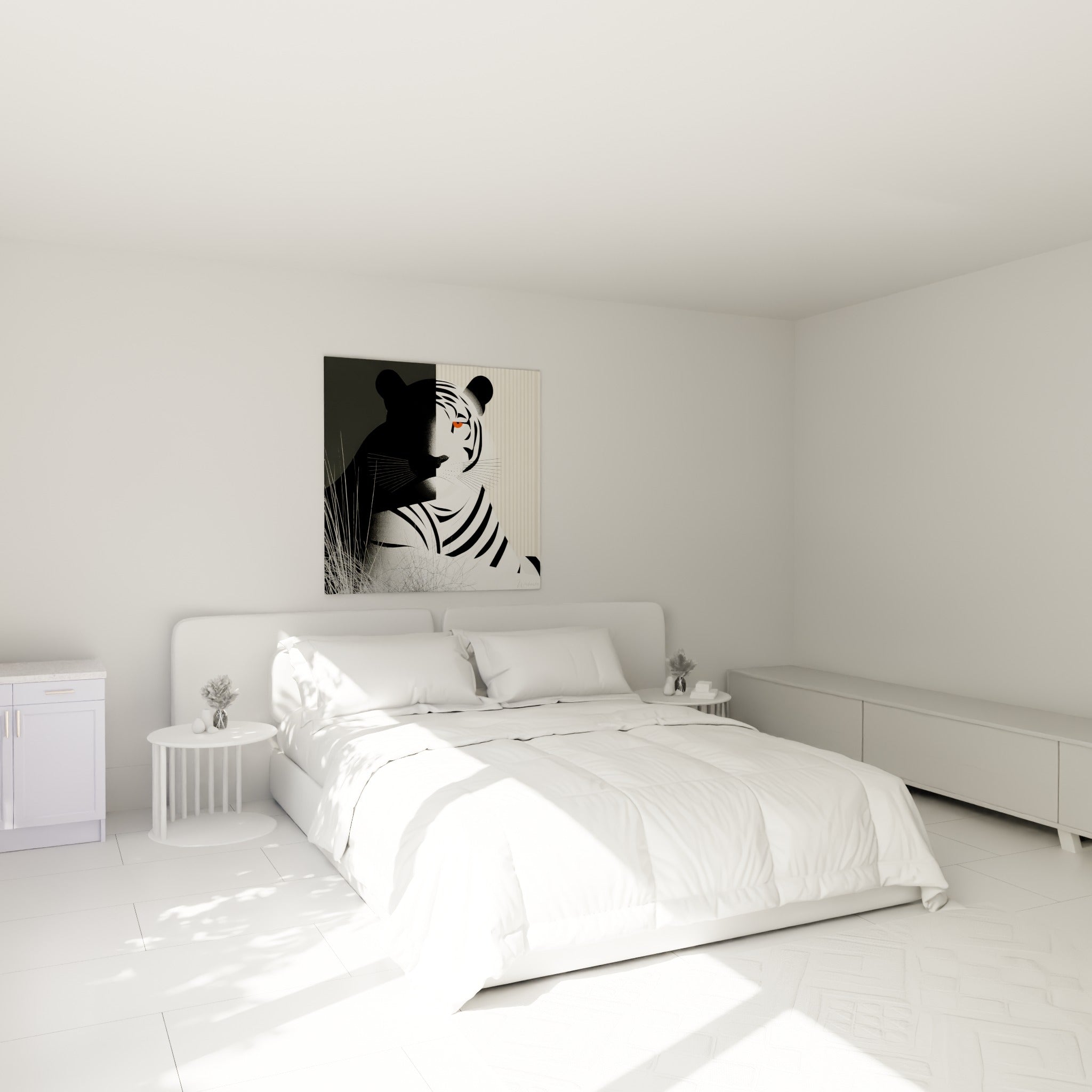 Félin au pelage noir et blanc, œil orange perçant, accroché au-dessus d'un lit dans une chambre claire