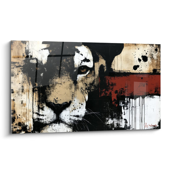 Tigre au regard ambré, visage en noir et ocre traversé d'une bande rouge terracotta