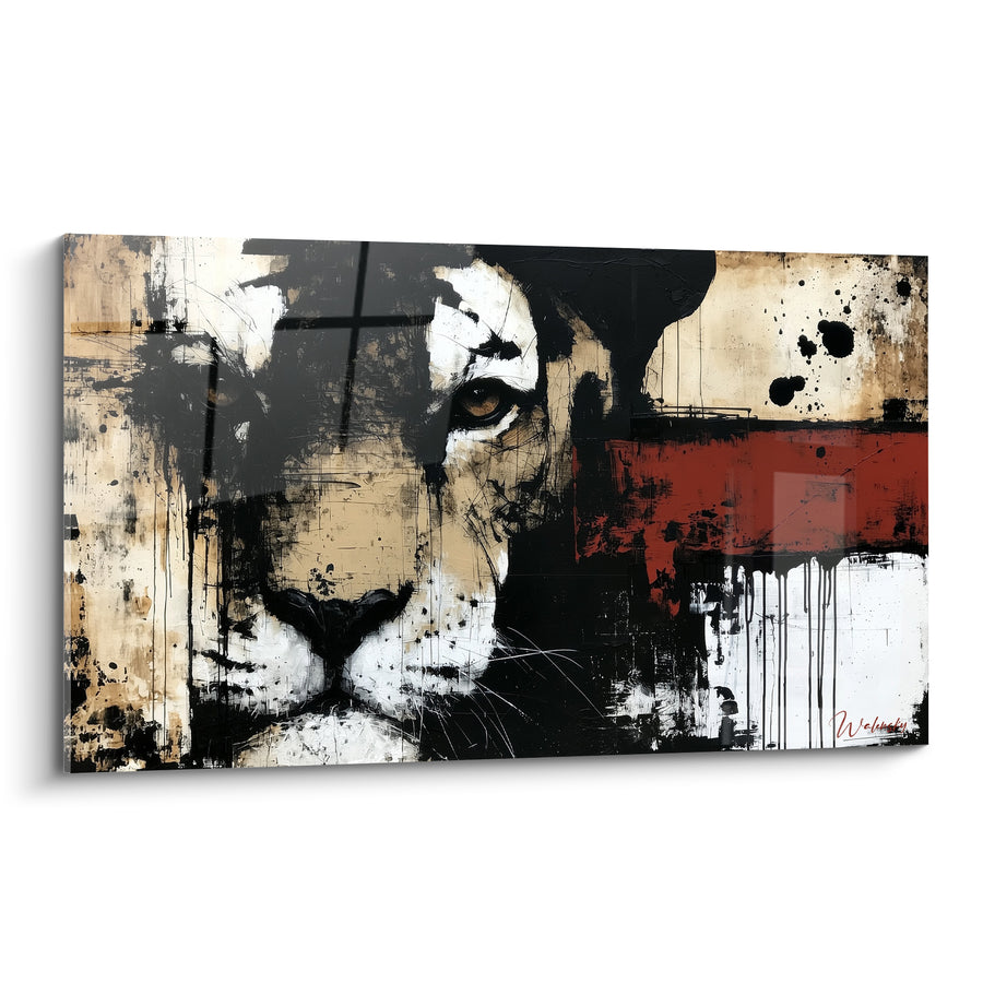 Tableau Tigre noir et ocre aux coulures rouges - Vigilance sous les cendres - Edition Tigre