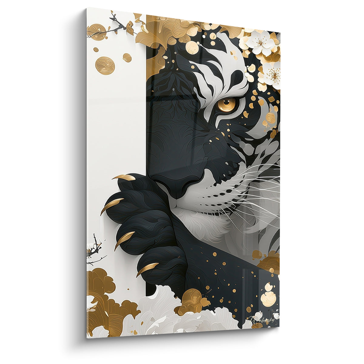 Tigre noir et ivoire à l'œil doré perçant, entouré de fleurs blanches et motifs dorés éclatants