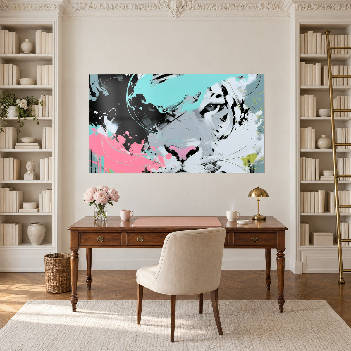 Schilderij van een katachtige blik in versplinterde verf, diep zwart, turquoise en levendig roze, tussen twee boekenkasten van een studeerkamer