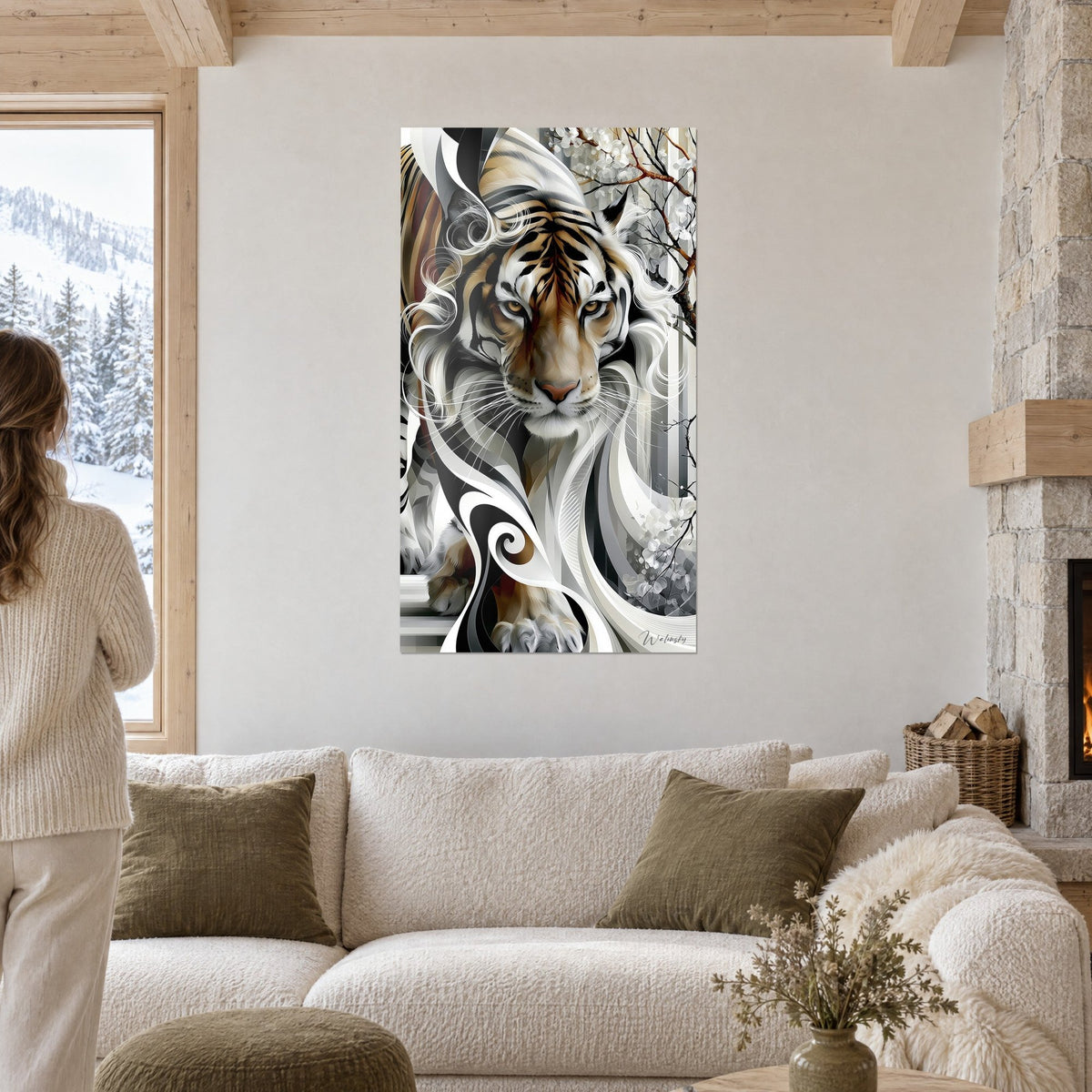 Gemälde Tiger mit bernsteinfarbenen Augen, weiße und schwarze Ranken, graue Blütenzweige, über einem Sofa in einem hellen Wohnzimmer