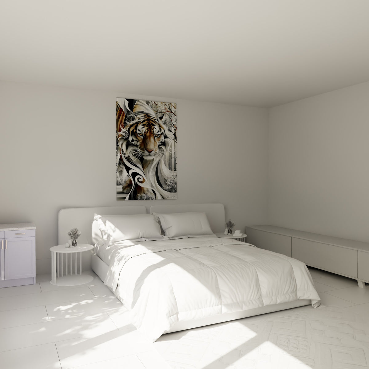 Félin puissant aux tons ocre et anthracite accroché au-dessus d'un lit dans une chambre claire