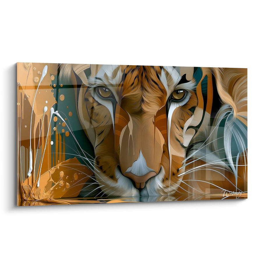 Tableau Tigre ocre et anthracite aux coulures blanches - Face-à-face félin - Edition Tigre
