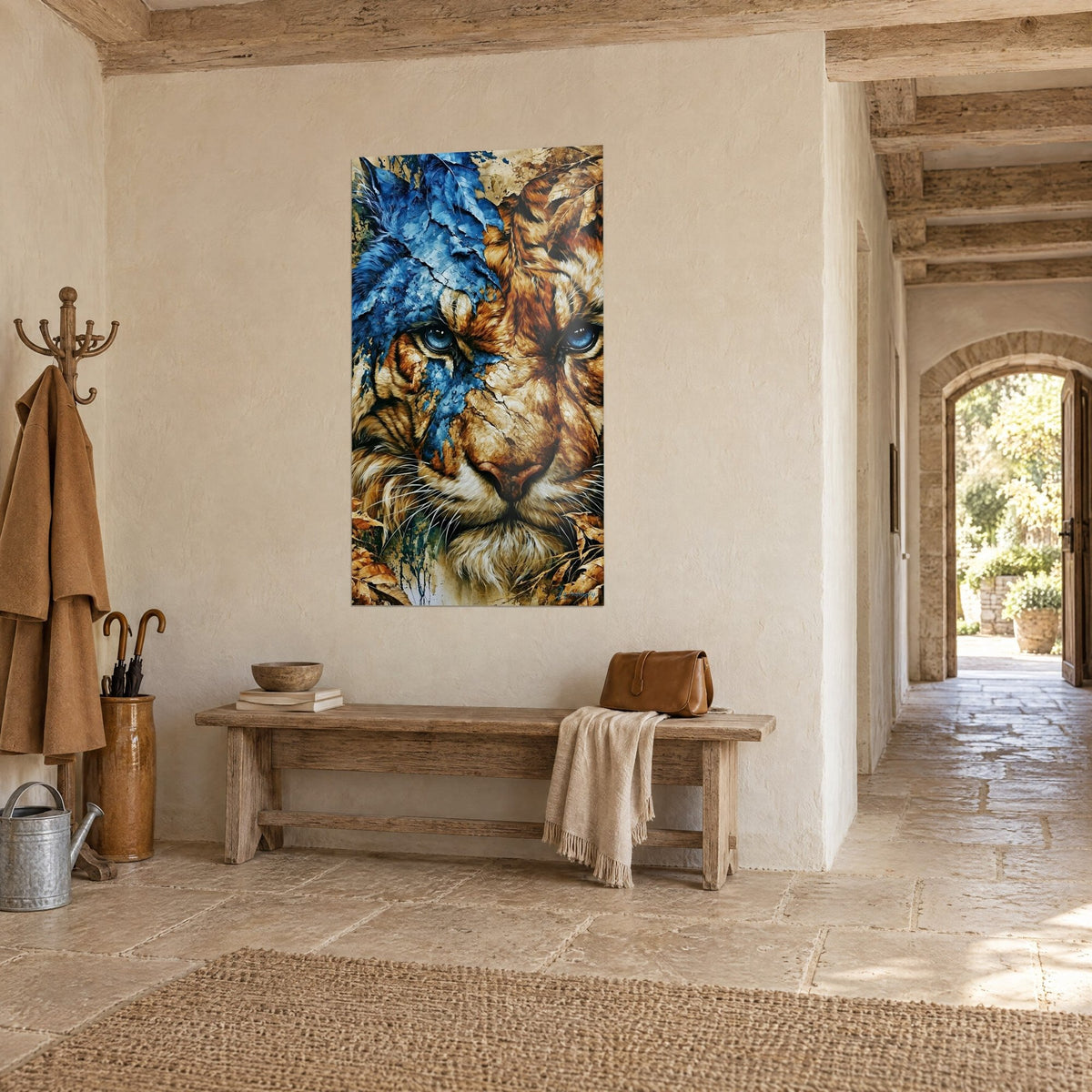 Wall art feline fractured in azure and copper, white whiskers, hung on a lime-washed wall, stone hallway and wooden bench