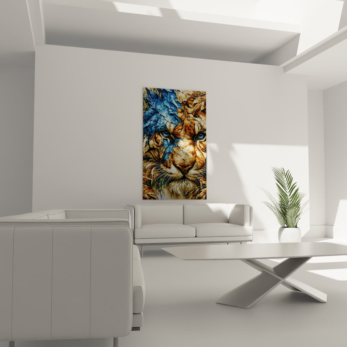 Regard perçant du tigre ocre et bleu craquelé, suspendu au-dessus d'un canapé dans un salon lumineux