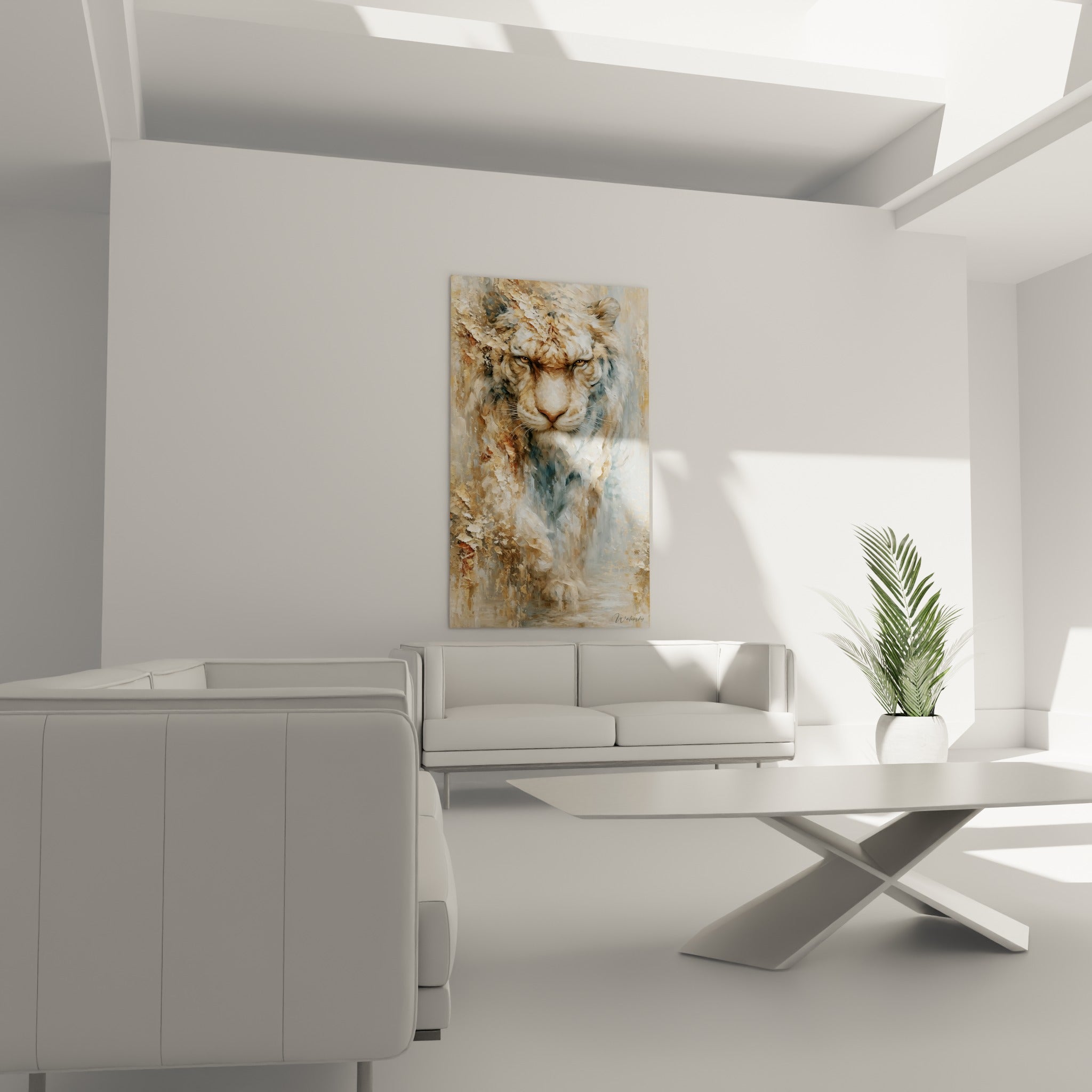Tigre aux nuances ocre et bleutées, regard intense, positionné au-dessus d'un canapé dans un salon lumineux