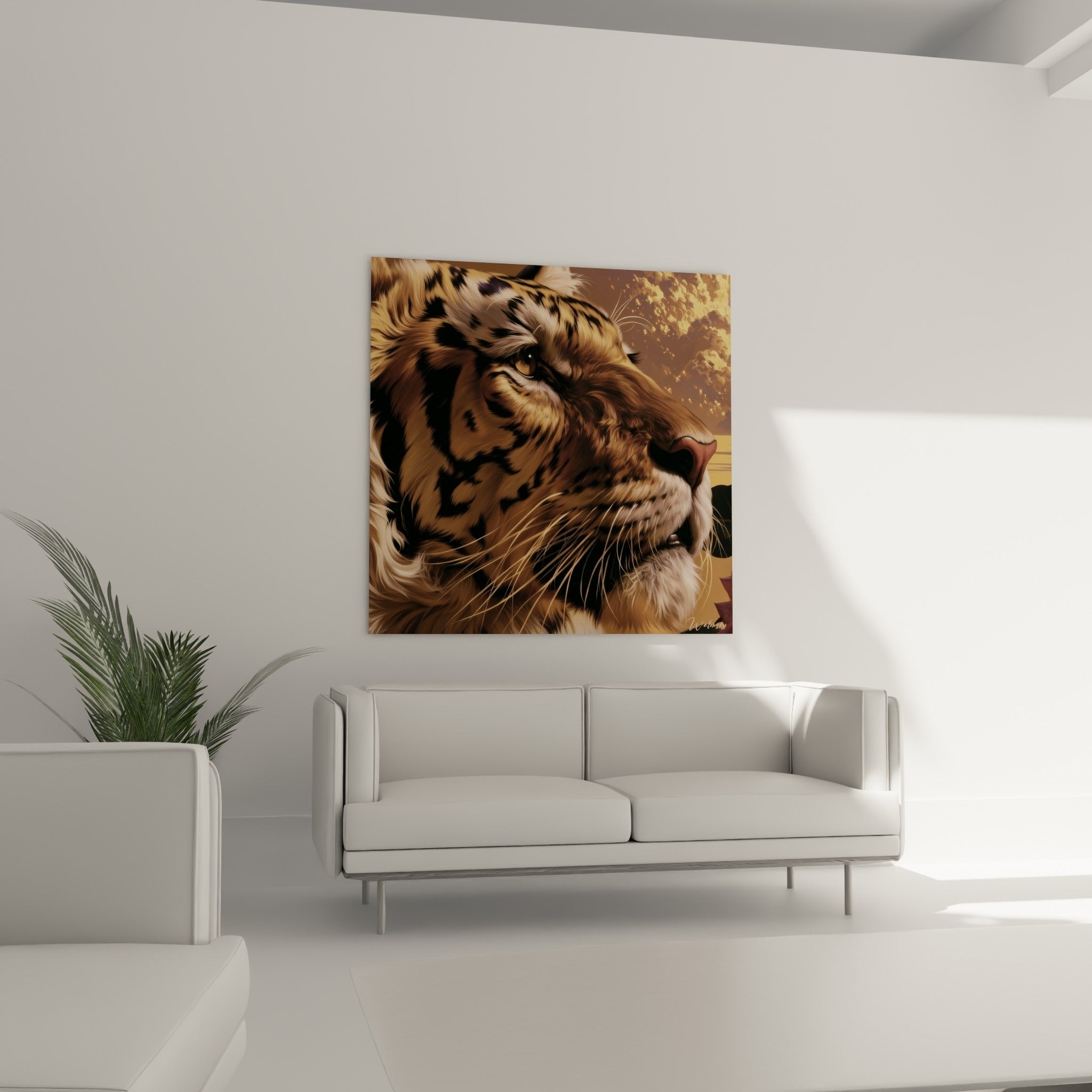 Œil doré et moustaches blanches du tigre fauve, suspendu au-dessus d'un canapé dans un salon lumineux
