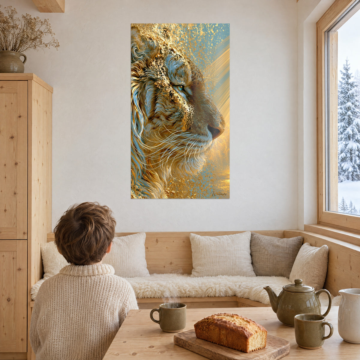 Tableau portrait de tigre ambre et bleu ciel, regard turquoise, pelage vaporeux, face à une baie vitrée enneigée du chalet