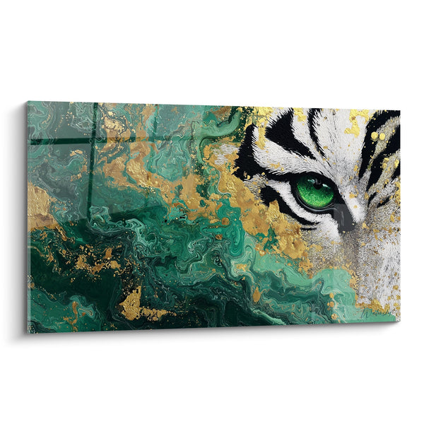 Tiger Emerald Green Eyes on Turquoise and Gold Marble Background - Wild Gaze - Tiger Edition