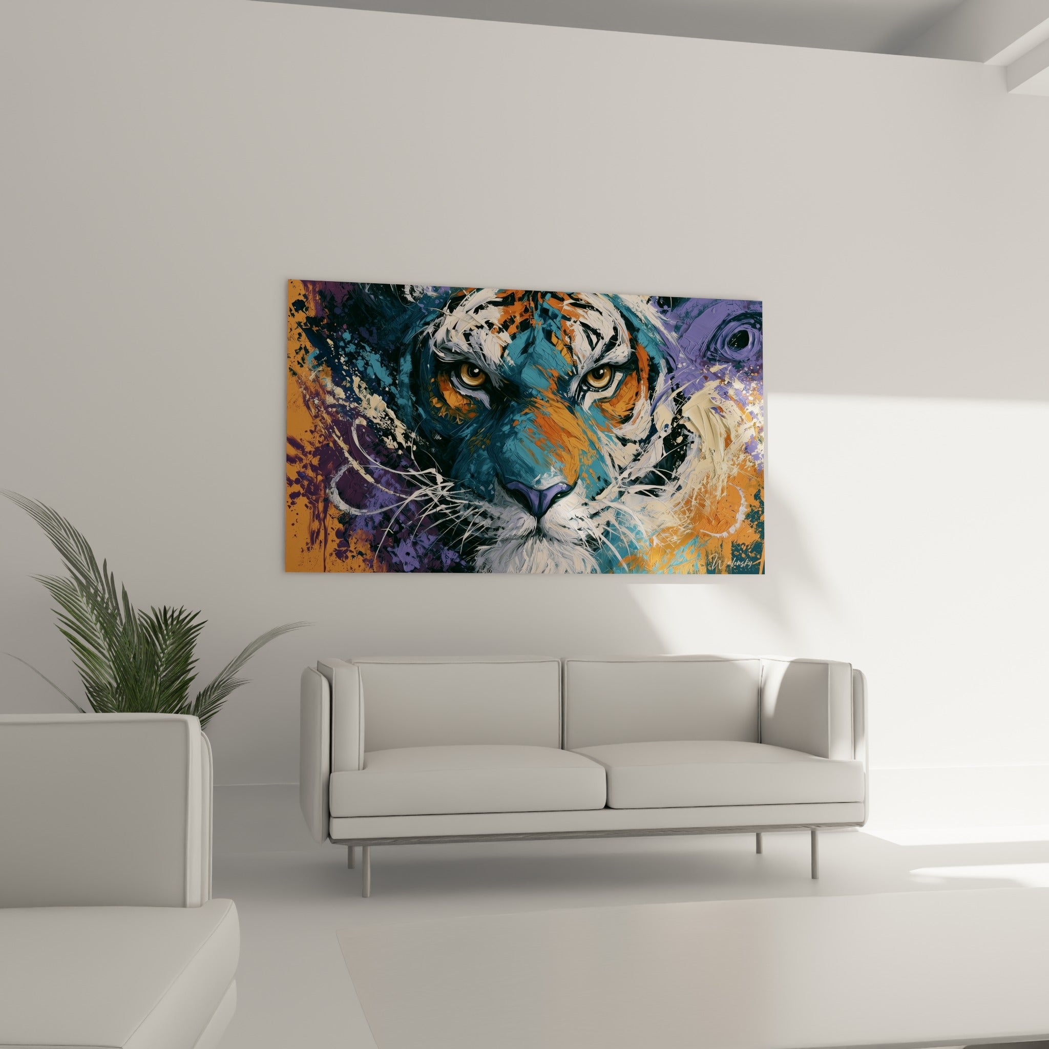 Portrait de tigre fragmenté en bleu marine et orange chaud, suspendu au-dessus d'un canapé dans un salon lumineux