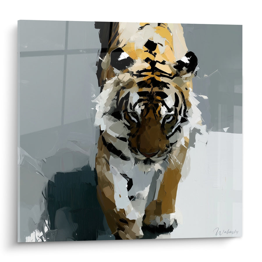 Tableau Tigre gris et fauve avançant vers l'ombre - Marche frontale féline - Edition Tigre
