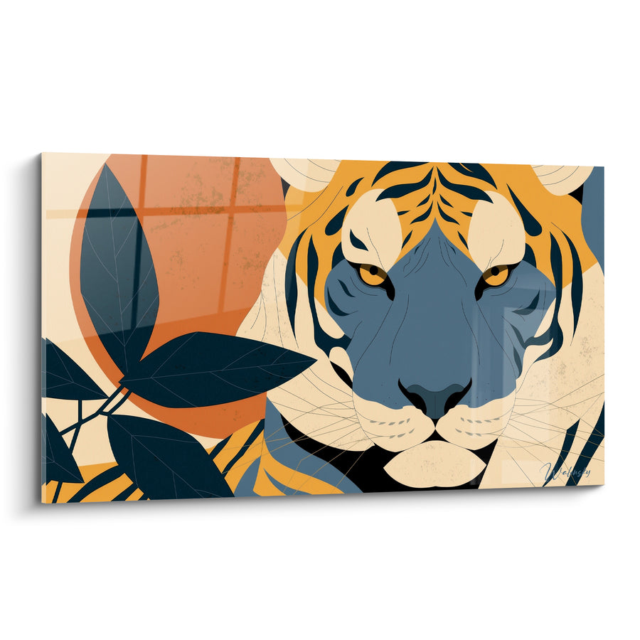 Tableau Tigre orange et bleu aux feuilles graphiques - Regard de la jungle - Edition Tigre