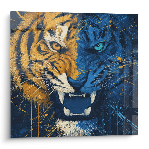 Cuadro Tigre Naranja y Azul de Ojos Penetrantess - Dualidad Salvaje - Edición Tigre