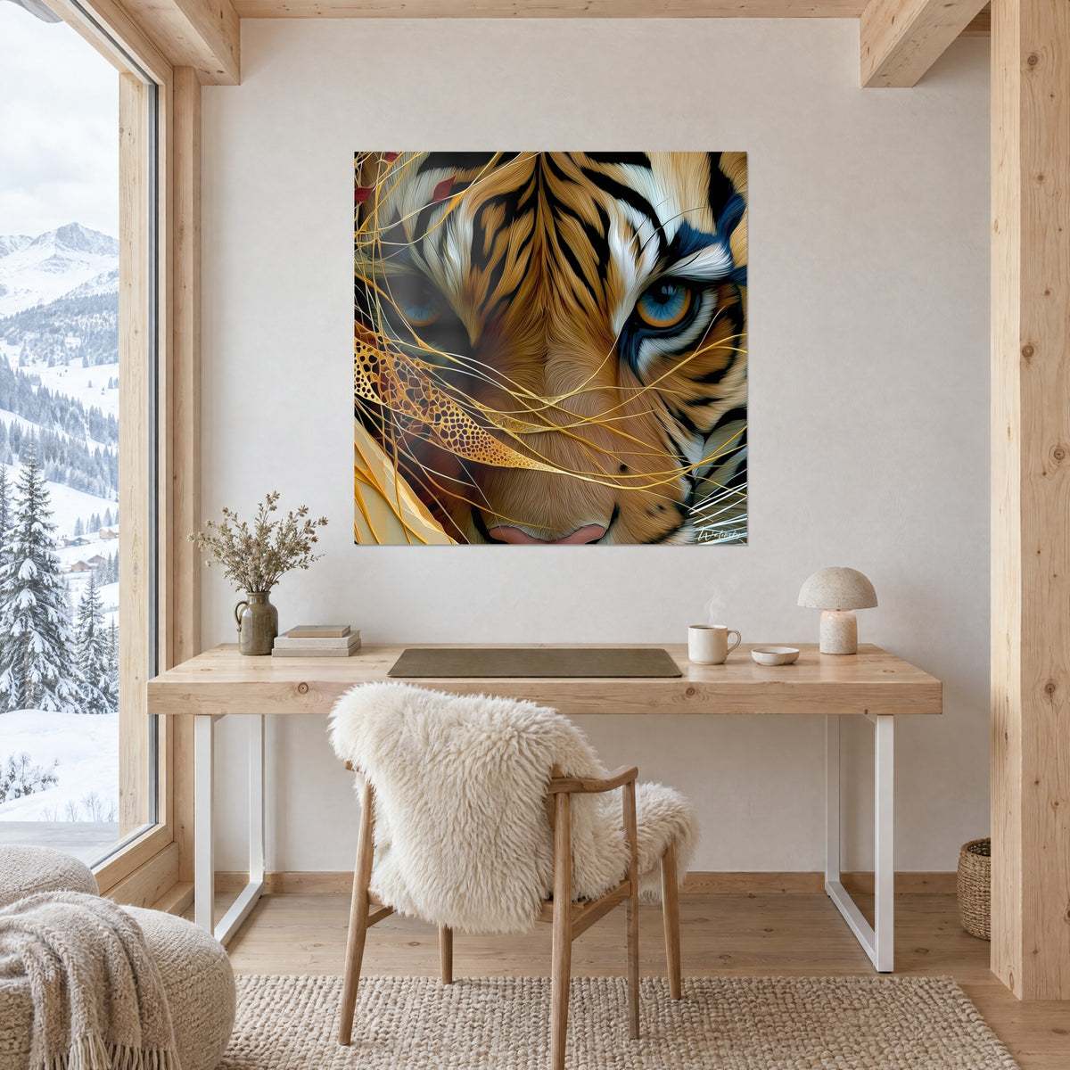 Tableau tigre aux yeux bleu azur, rayures noires sur fond orangé, accroché au-dessus d'un bureau en bois clair