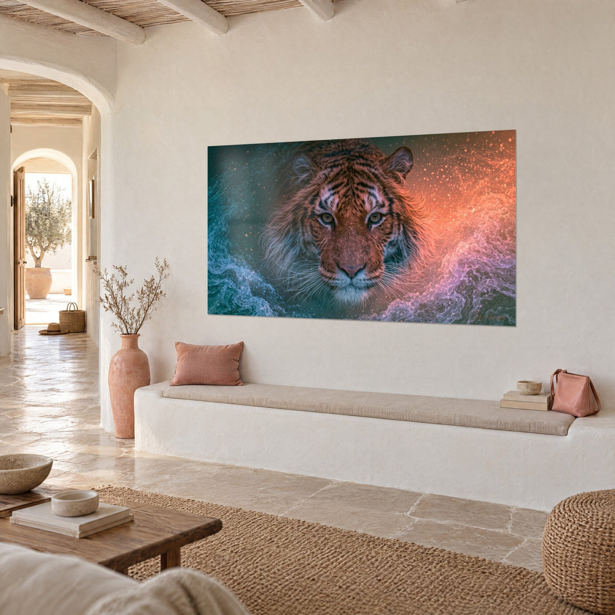 Wall art striped feline with orange fur, turquoise foam on the left, coral mist on the right, white banquette, three-quarter view
