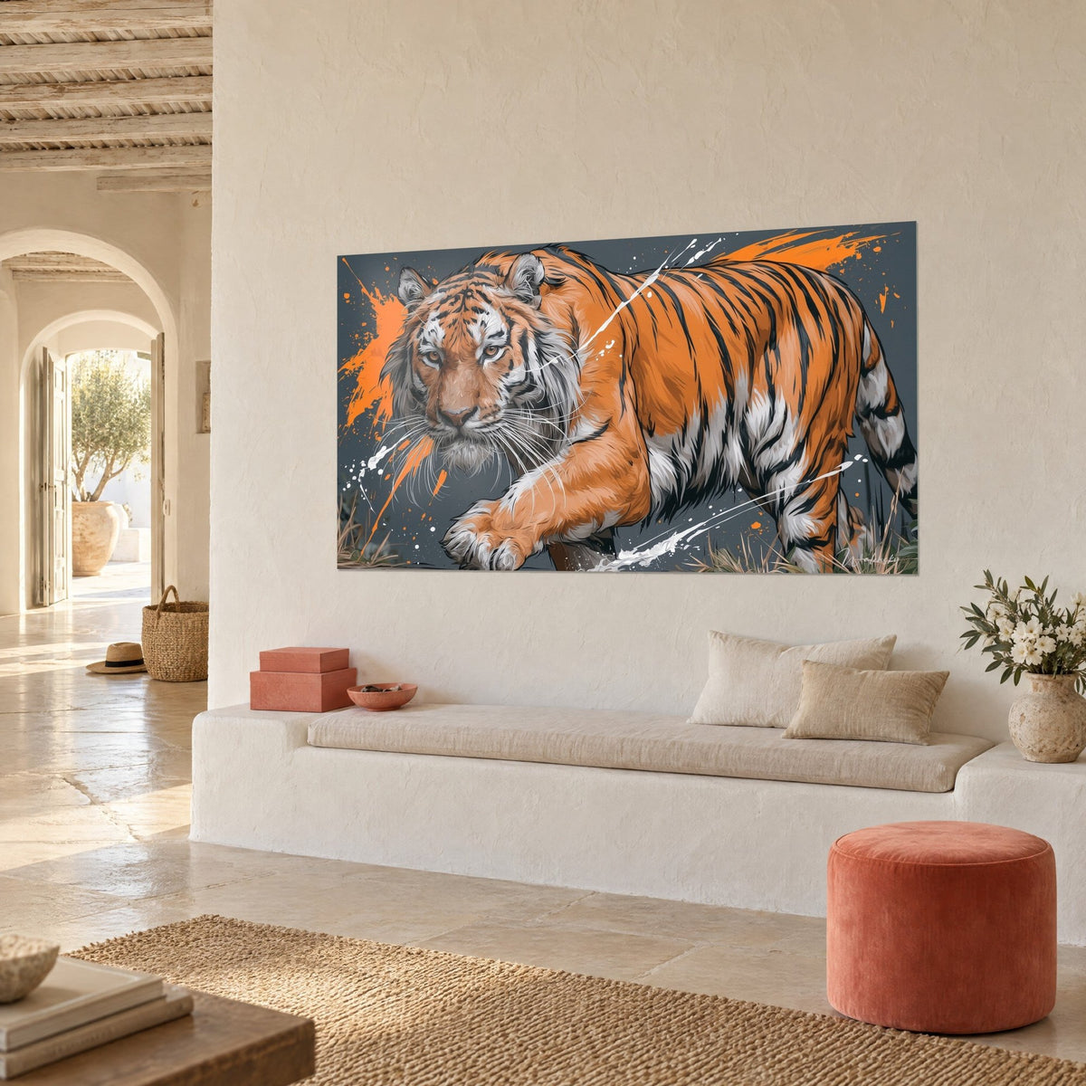 Gemälde Tiger mit bernsteinfarbenen Augen, orangefarbenes und cremefarbenes Fell mit schwarzen Streifen, weiße Lichtreflexe, cremefarbene Wand und gemauerte Sitzbank