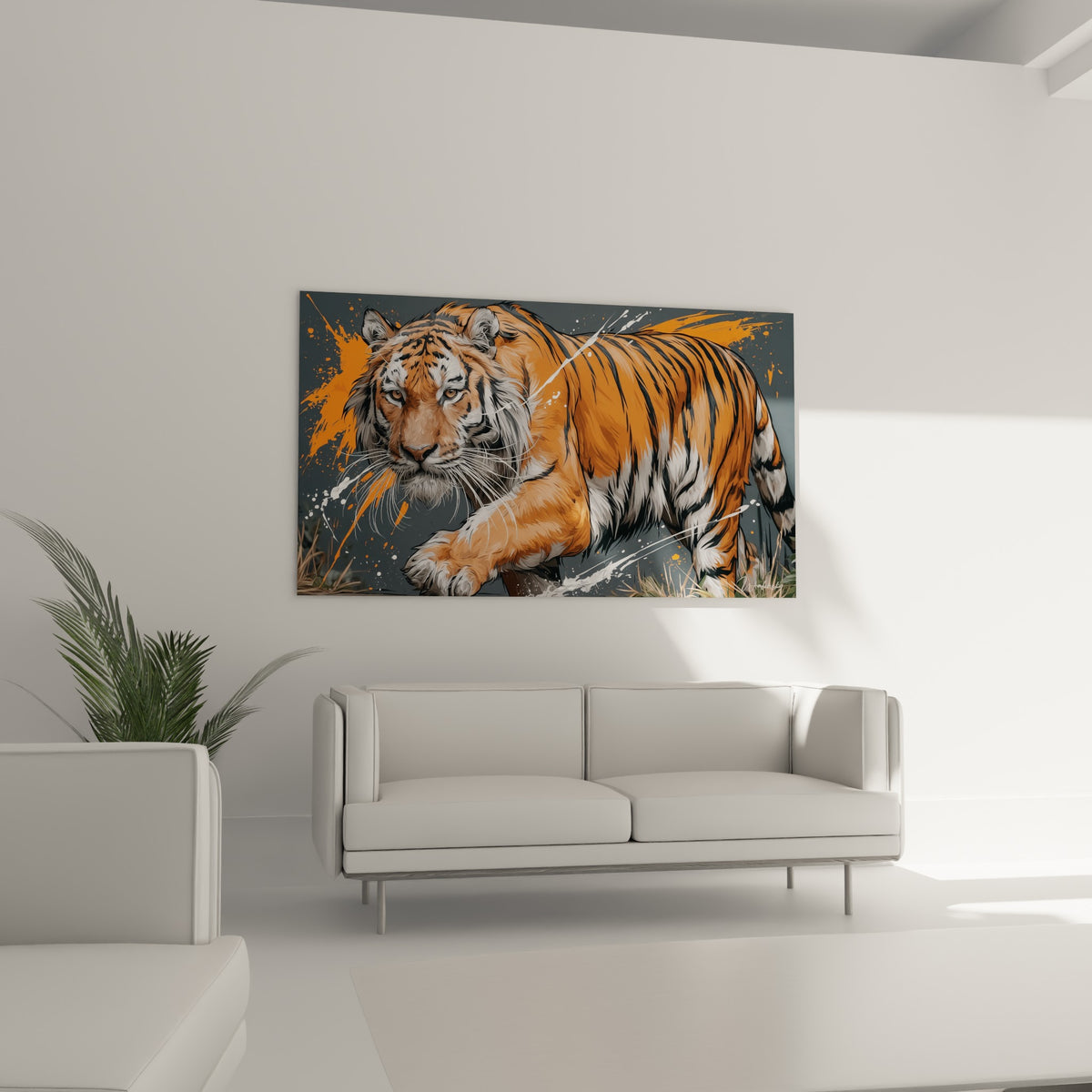 Tigre au pelage orange vif et rayures noires en mouvement, au-dessus d'un canapé dans un salon lumineux