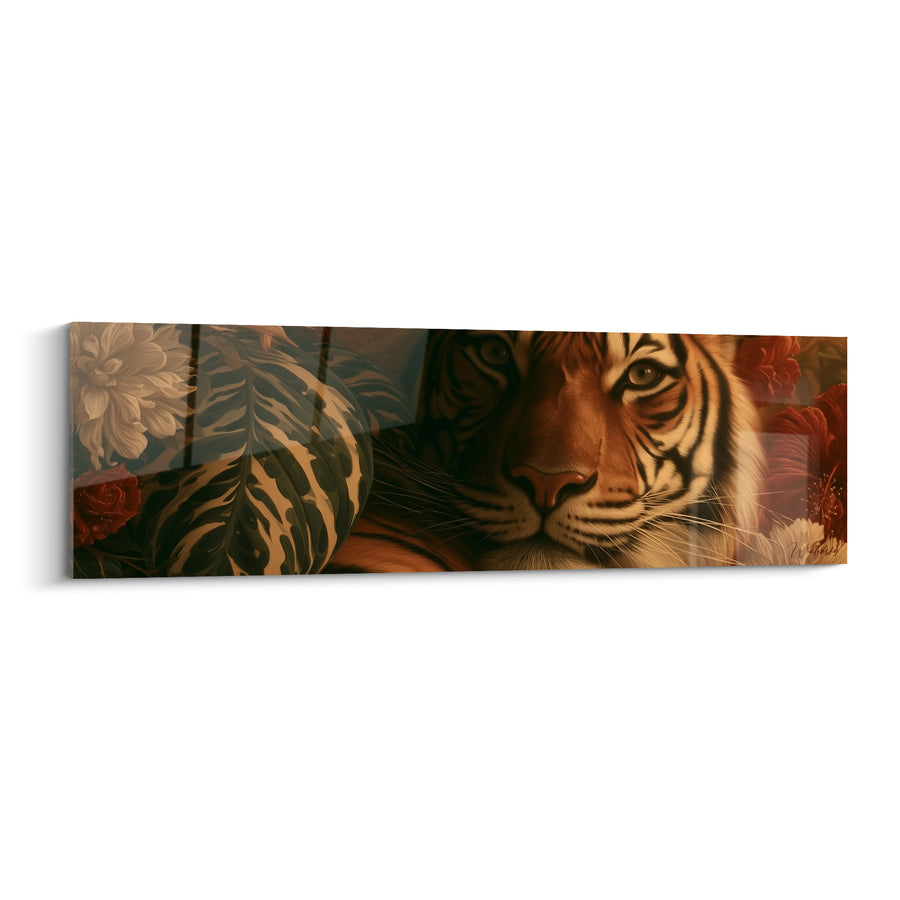 Tableau Tigre orangé et vert parmi les pivoines - Feuillage panaché luxuriant - Edition Tigre