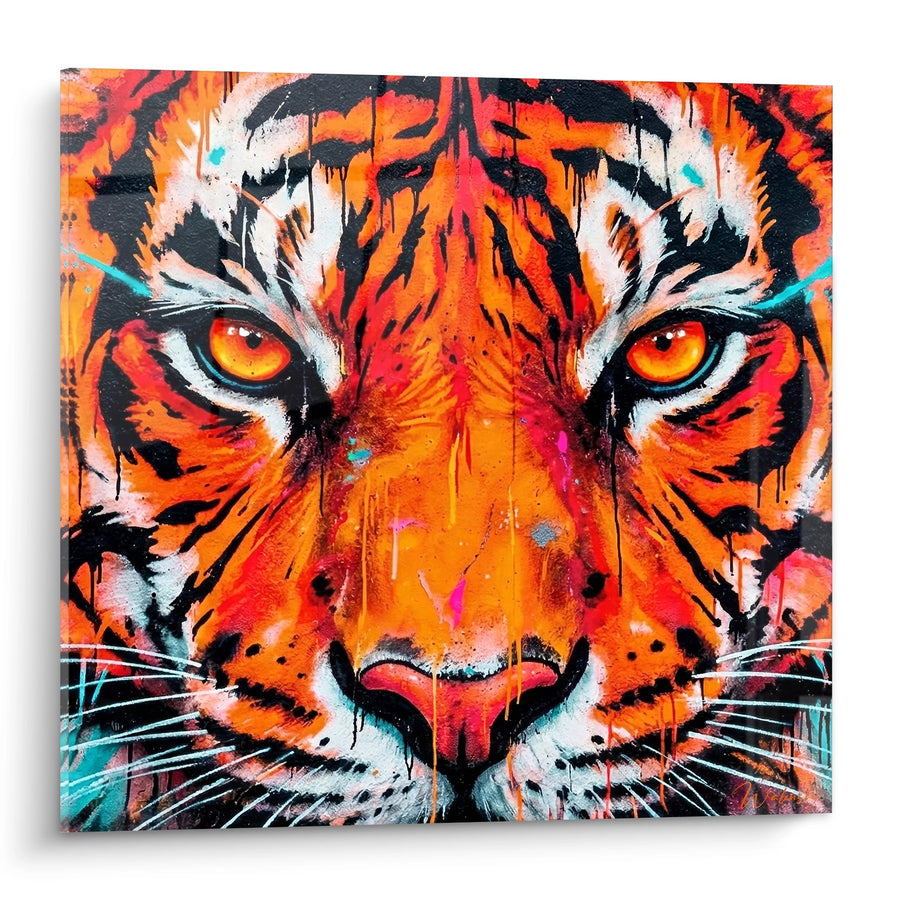 Fluorescerend Oranje Tijger Schilderij met Gouden Ogen en Veelkleurige Spatten - Wilde Blik - Neon Fluorescerende Street Art Editie