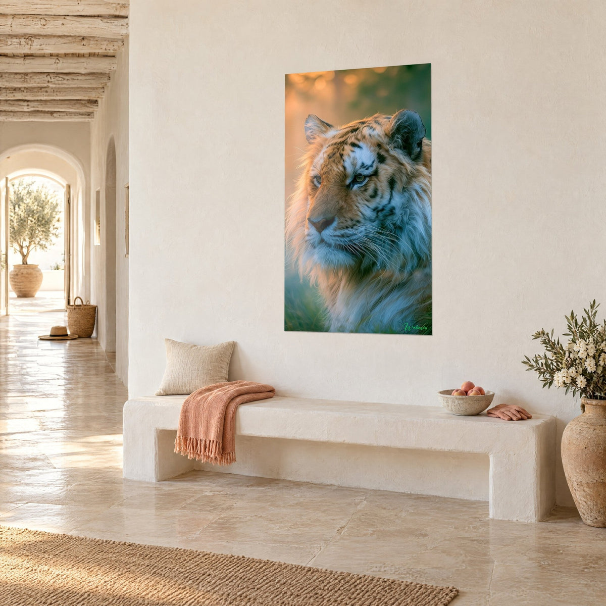 Wall art tiger with ginger coat striped in black on misty green background, beside a pale stone bench, vaulted corridor
