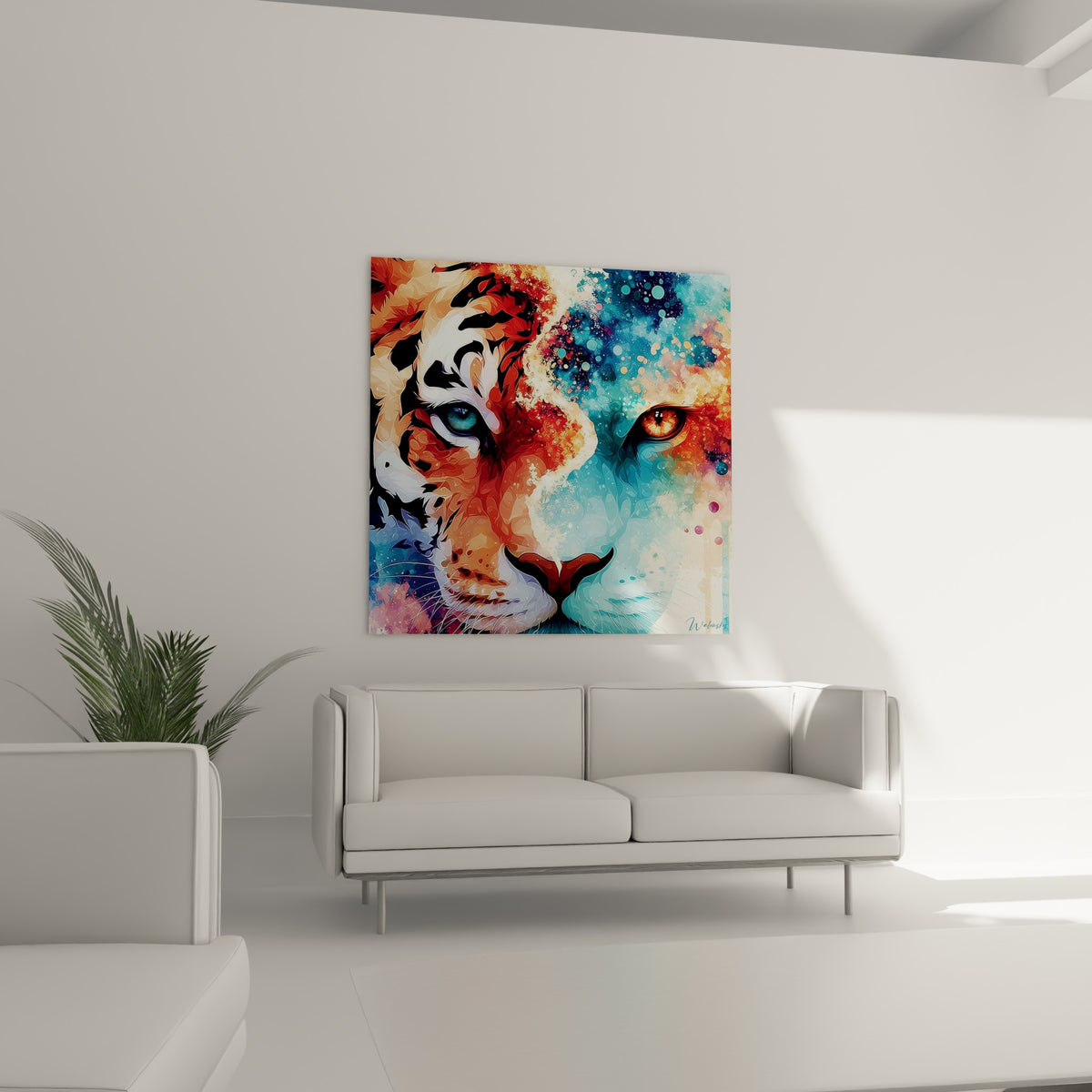 Regard hypnotique orange et azur du tigre accroché au-dessus d'un canapé dans un salon lumineux