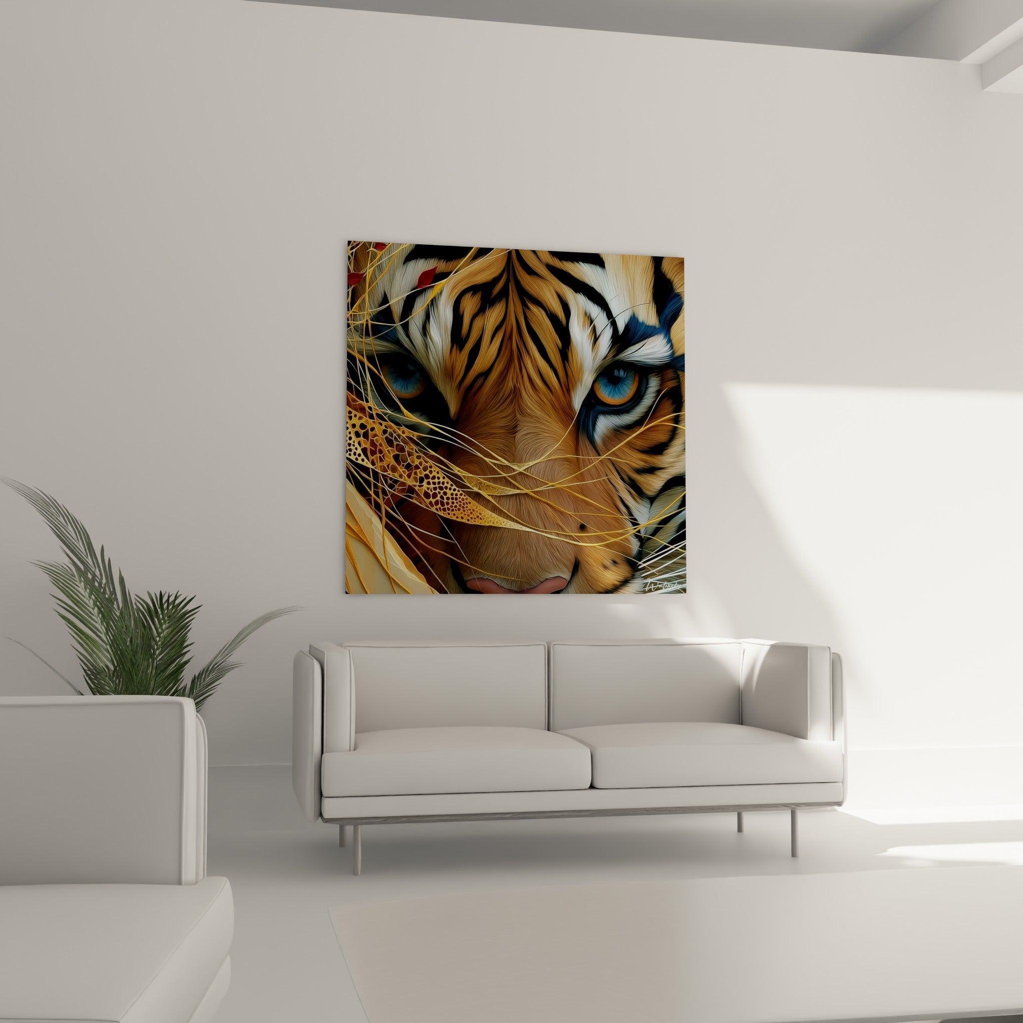 Regard félin bleu et pelage rayé noir orangé, tableau placé au-dessus d'un canapé dans un salon lumineux