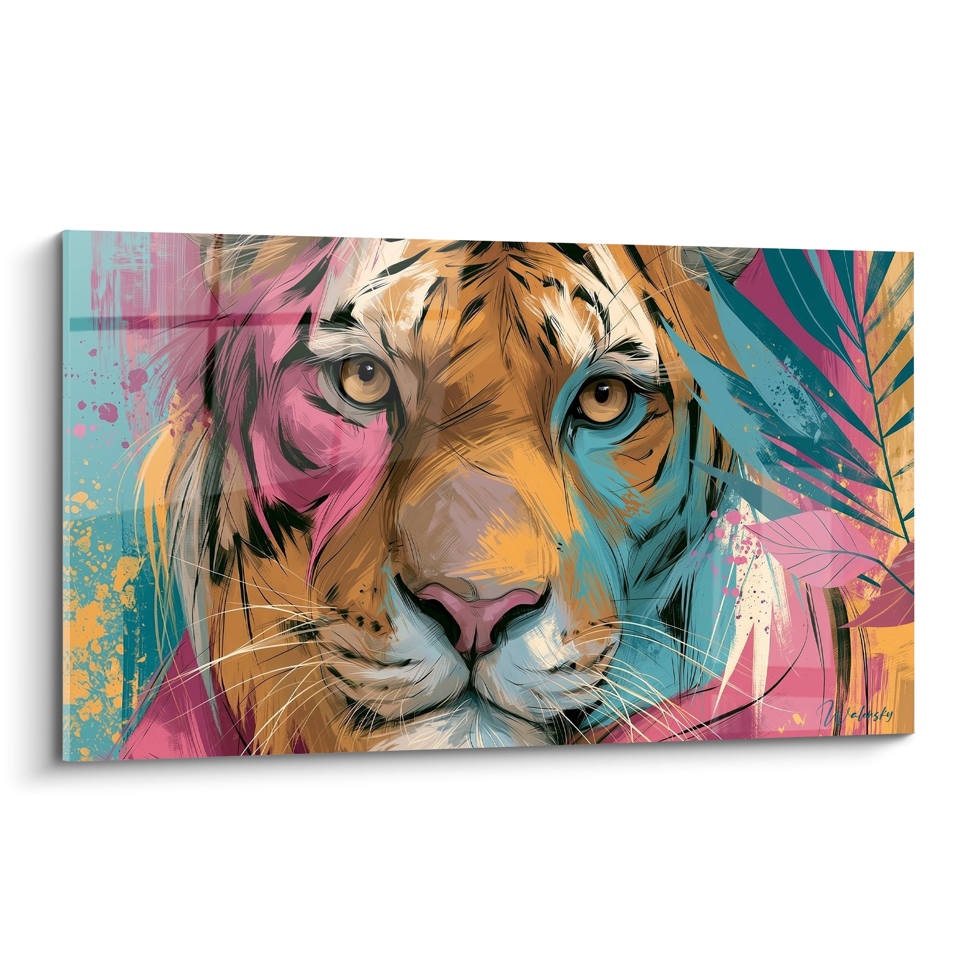 Tigre orange et rose au regard perçant, feuilles turquoise en arrière-plan, style pictural expressif