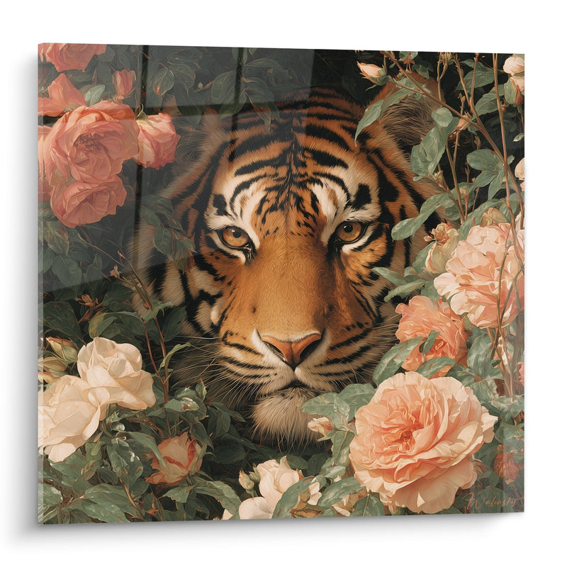 Quadro Tigre Arancione con Occhi Dorati in un Giardino di Rose Pesca - Maestosità Floreale - Edizione Tigre