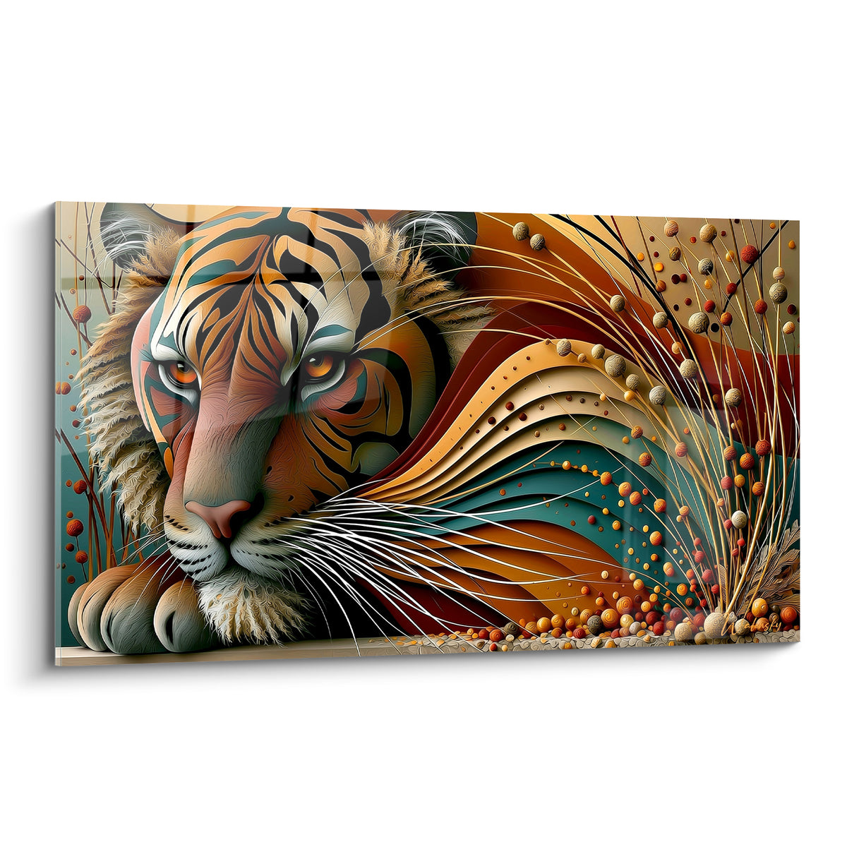 Tigre orange et sarcelle au regard intense, pelage se muant en vagues dorées sculptées