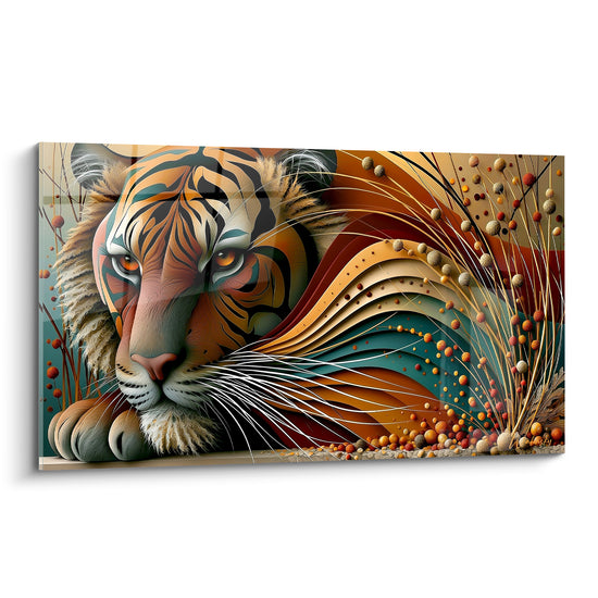 Tigre orange et sarcelle au regard intense, pelage se muant en vagues dorées sculptées
