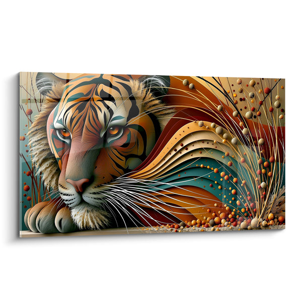 Tableau Tigre orange et sarcelle aux vagues sculptées - Regard figé dans l'ornement - Edition Tigre