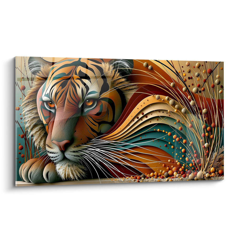 Tableau Tigre orange et sarcelle aux vagues sculptées - Regard figé dans l'ornement - Edition Tigre