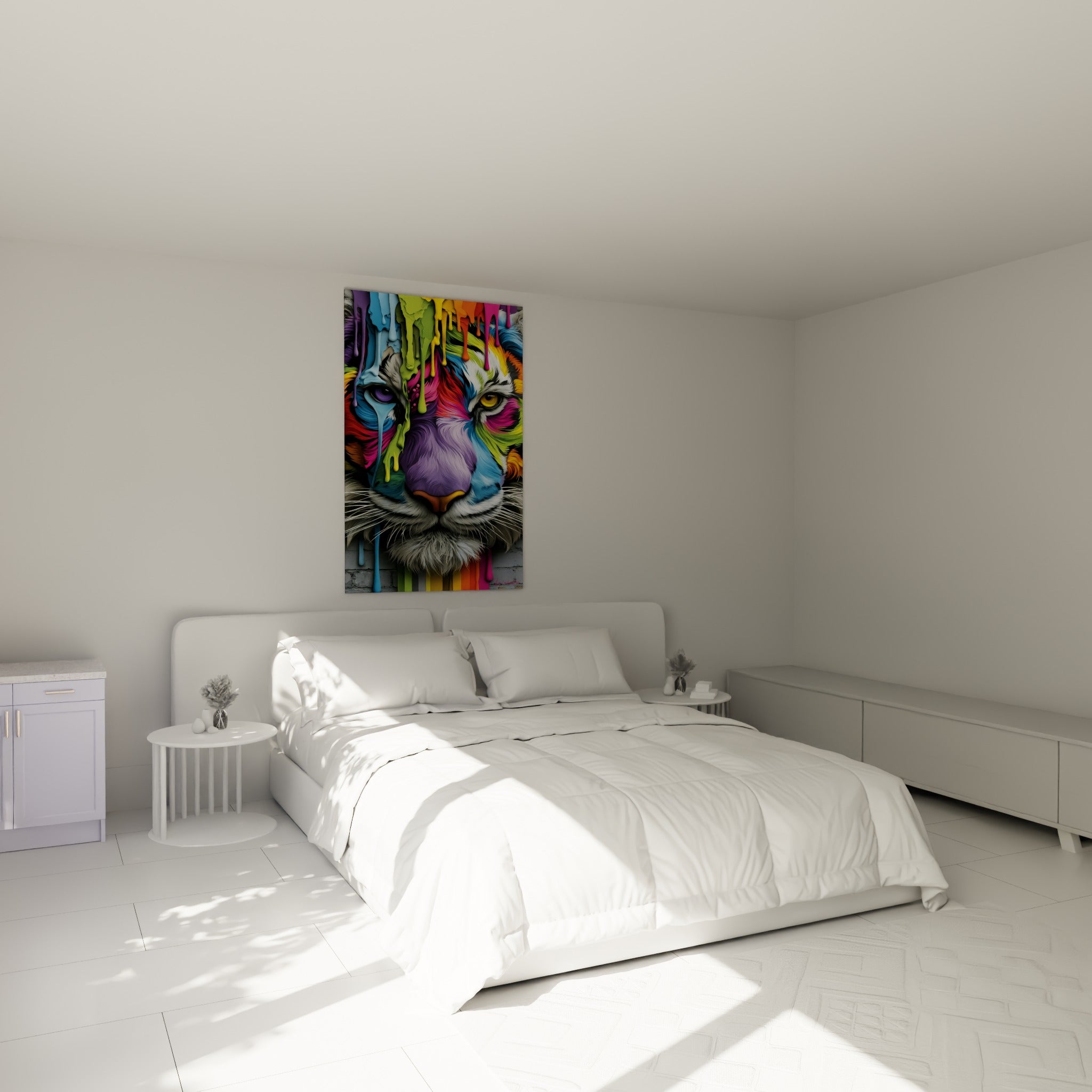 Félin aux couleurs dégoulinantes orange et turquoise, accroché au-dessus d'un lit dans une chambre claire
