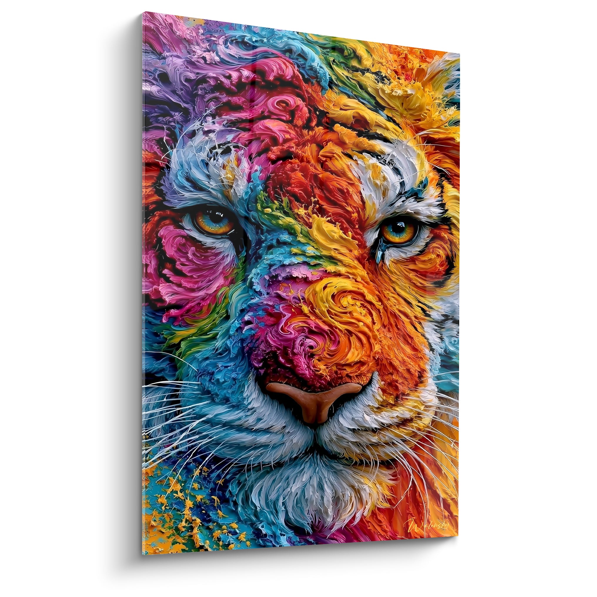 Tigre orange et turquoise aux tourbillons peints, regard doré perçant en plein cadre