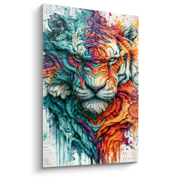 Tableau Tigre orange et turquoise à motifs psychédéliques - Transe animale - Edition Tigre
