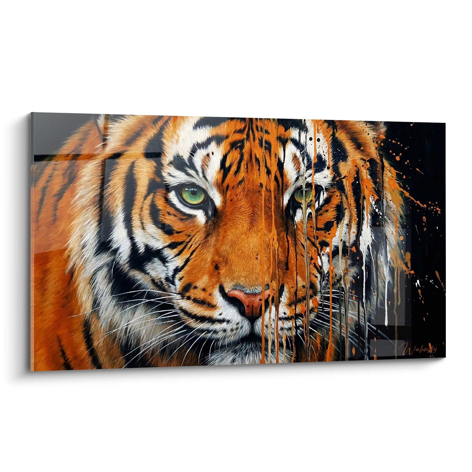 Tableau tigre orange yeux verts avec coulures noires street art dripping sur fond noir