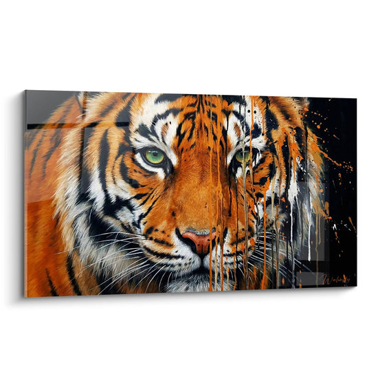 Schilderij oranje tijger met groene ogen en zwart-wit druipeffect - Wilde blik - Streetart editie dripping spetters