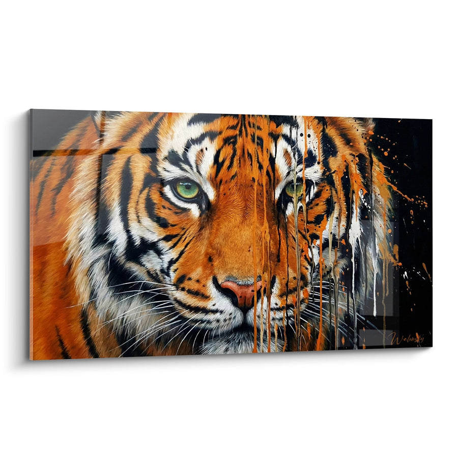 Schilderij oranje tijger met groene ogen en zwart-wit druipeffect - Wilde blik - Streetart editie dripping spetters