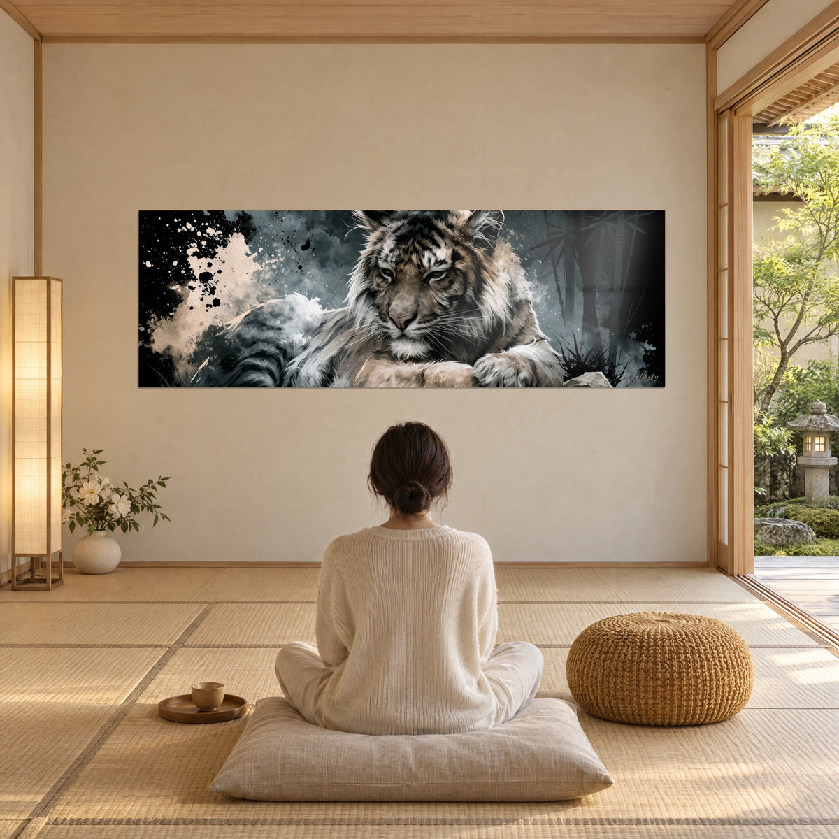 Vigilant tiger wall art in panoramic format, ivory and slate grey fur, facing a person sitting cross-legged on a cushion